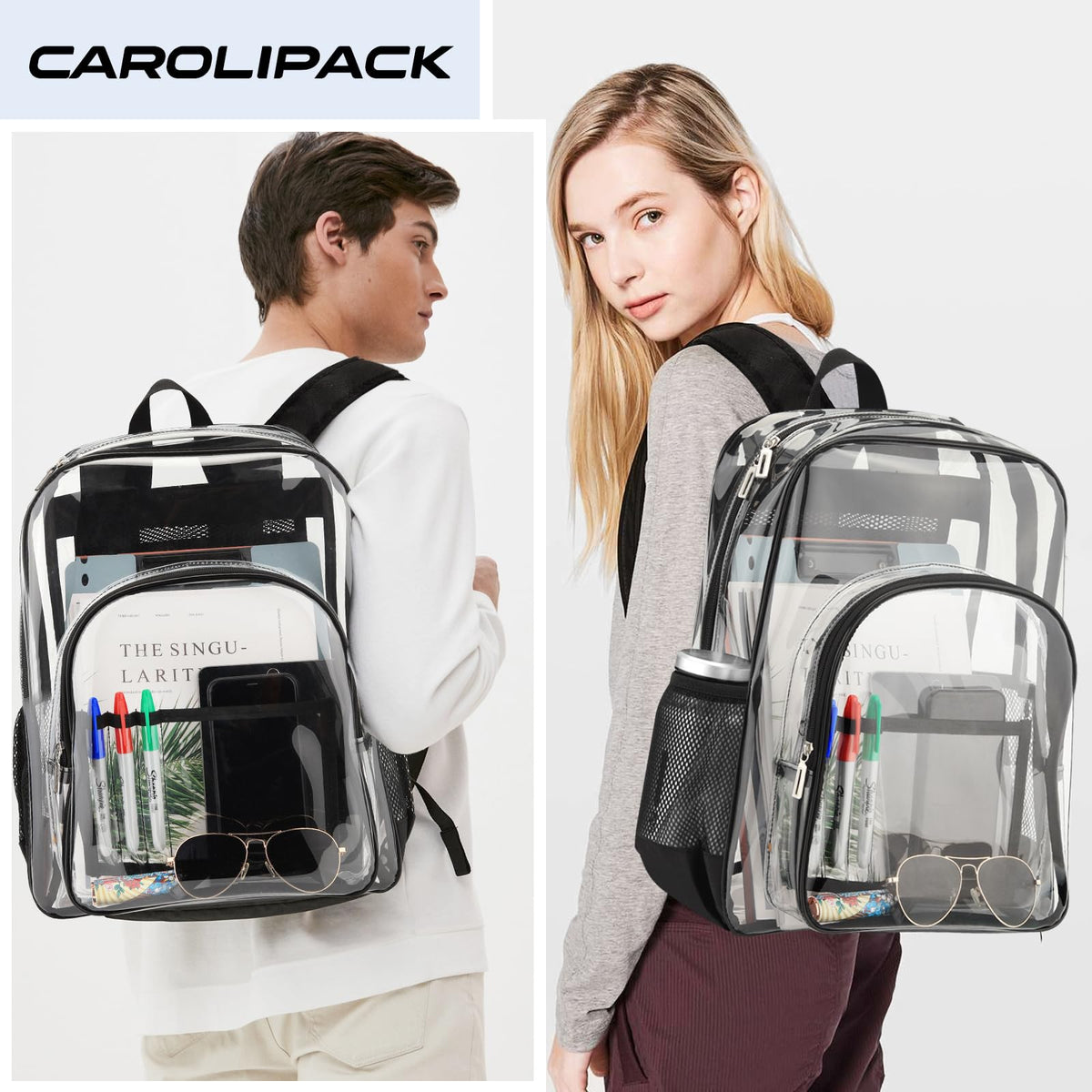 Carolipack Clear Backpack Heavy Duty For Work XL.TPU Transparent Backpacks for College,Travel,Sporting (Clear) - H17.7x''14.1''x6.8''