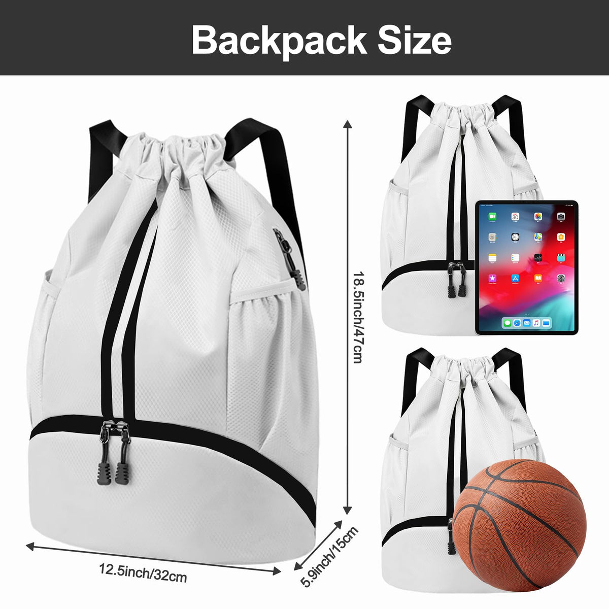 Hoedia Sports Drawstring Backpack - String Swim Gym Bag with Shoes Compartment and Wet Proof Pocket for Women/Men (White)