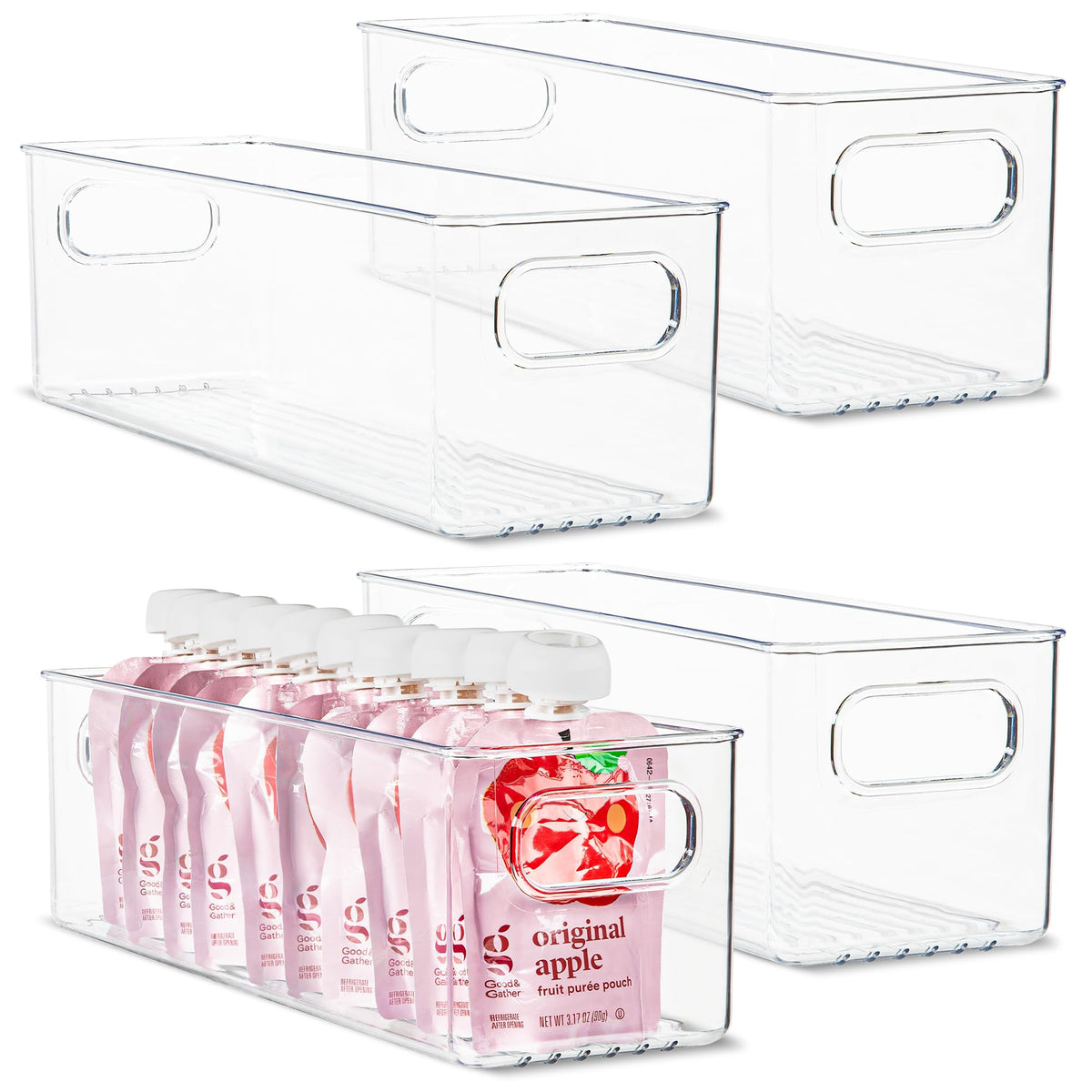 Plastic Food Storage 2 Pack Clear Container Bin with Handles for Organizing Kitchen, Pantry, Refrigerator, Freezer, Pantry, Cabinet, Closet, Bathroom. 16”x8”x5”