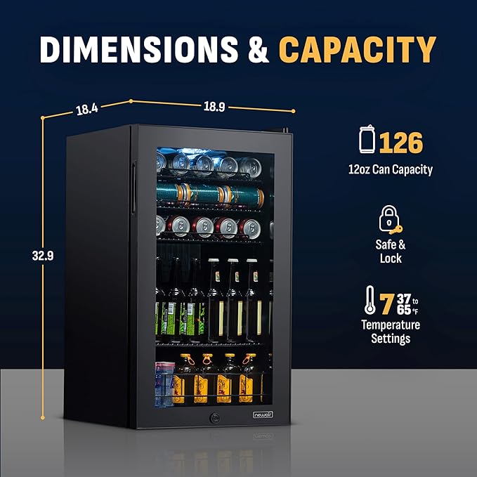 NewAir 126 Can Beverage Refrigerator | Freestanding Small Mini Fridge for Bedroom with Glass Door | Drink Cooler with Adjustable Shelves, Quiet Cooling & Locking Door | Black
