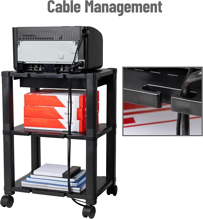 Mind Reader Rolling Printer Cart, Utility Cart, Printer Stand, Desk Storage, Office, 17.25"L x 13.5"W x 24.5"H, 3-Tier, Black