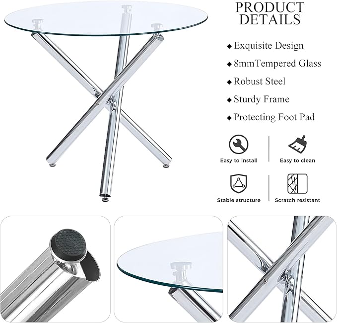 5-Piece Round Glass Dining Table Set for 4 Modern Kitchen Table with 4 Dining Chairs Set Round Circle Table and PU Upholstered Chairs Set for Small Space/Kitchen/Apartment