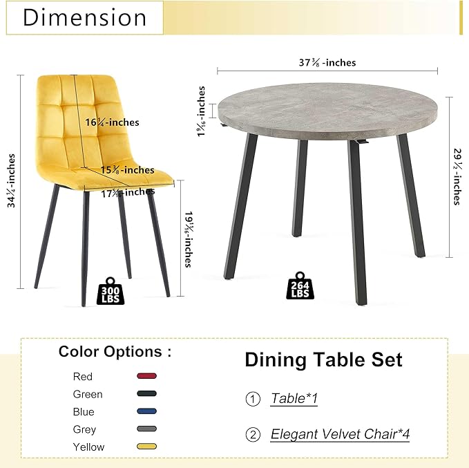 Modern 4-Person Round Dining Table Set, Space-Saving for Kitchen, Living Room, Apartment, Includes Dining Table & 4 Yellow Chairs,Small Dining Room Set for 4