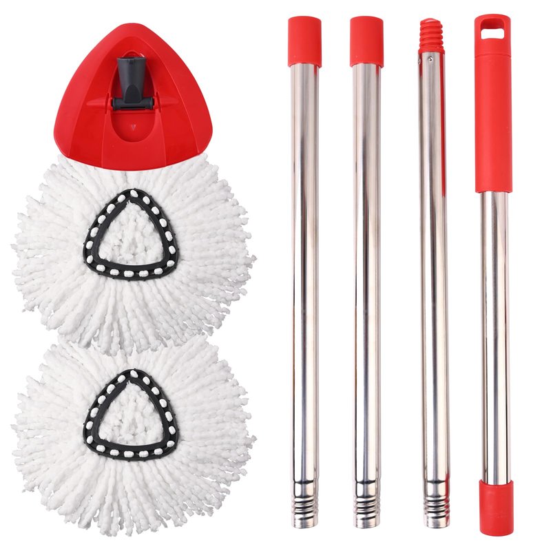 Jikefa Mop Replacement Heads, Handle, Base Compatible with O Cedar EasyWring 1-Tank Spin Mop System, 2 Microfiber Mop Head Refills, 4-Section Iron Handle 30-58in and 1 Spin Base Cover Set