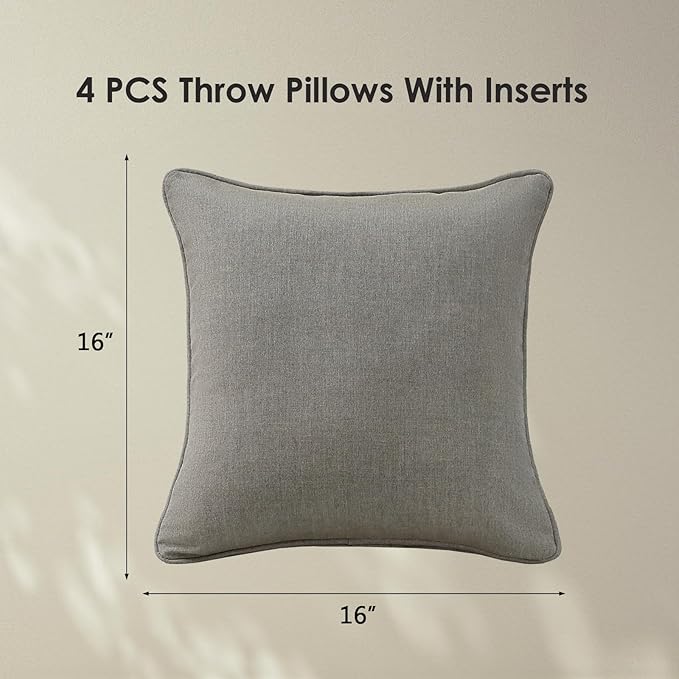 Sunbrella Decorative Outdoor Water Repellent Throw Pillows with Inserts, Set of 4, 16" x16" Pillows for Patio, Backyard, Bed, Couch, and Patio Furniture, Cast Shale