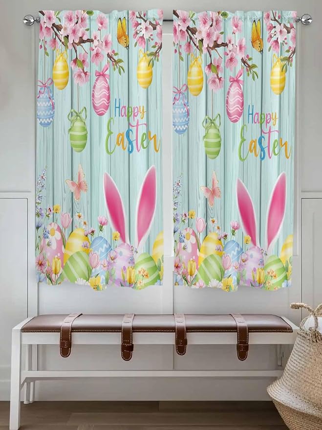Happy Easter Bedroom Curtains 63 Inches length, Spring Bunny Eggs Flower Teal