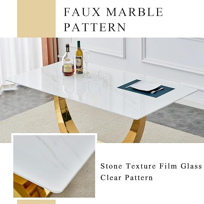 63" Modern Dining Table Set for 6, White Dining Room Set for 6, Tempered Glass Kitchen Table and PU Leather Chairs, Marble Pattern Top with Sturdy Gold Chrome Base