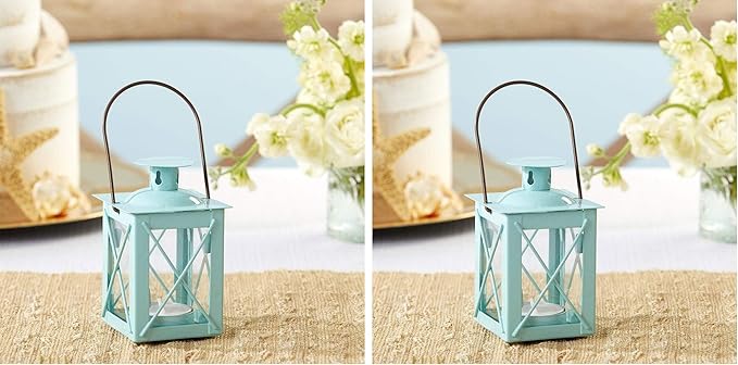 Kate Aspen Rustic Shelf Decor Luminous Vintage Tea Light Votive Candle Holders Metal Mini Decorative Lantern, Distressed Teal Blue (Pack of 2)
