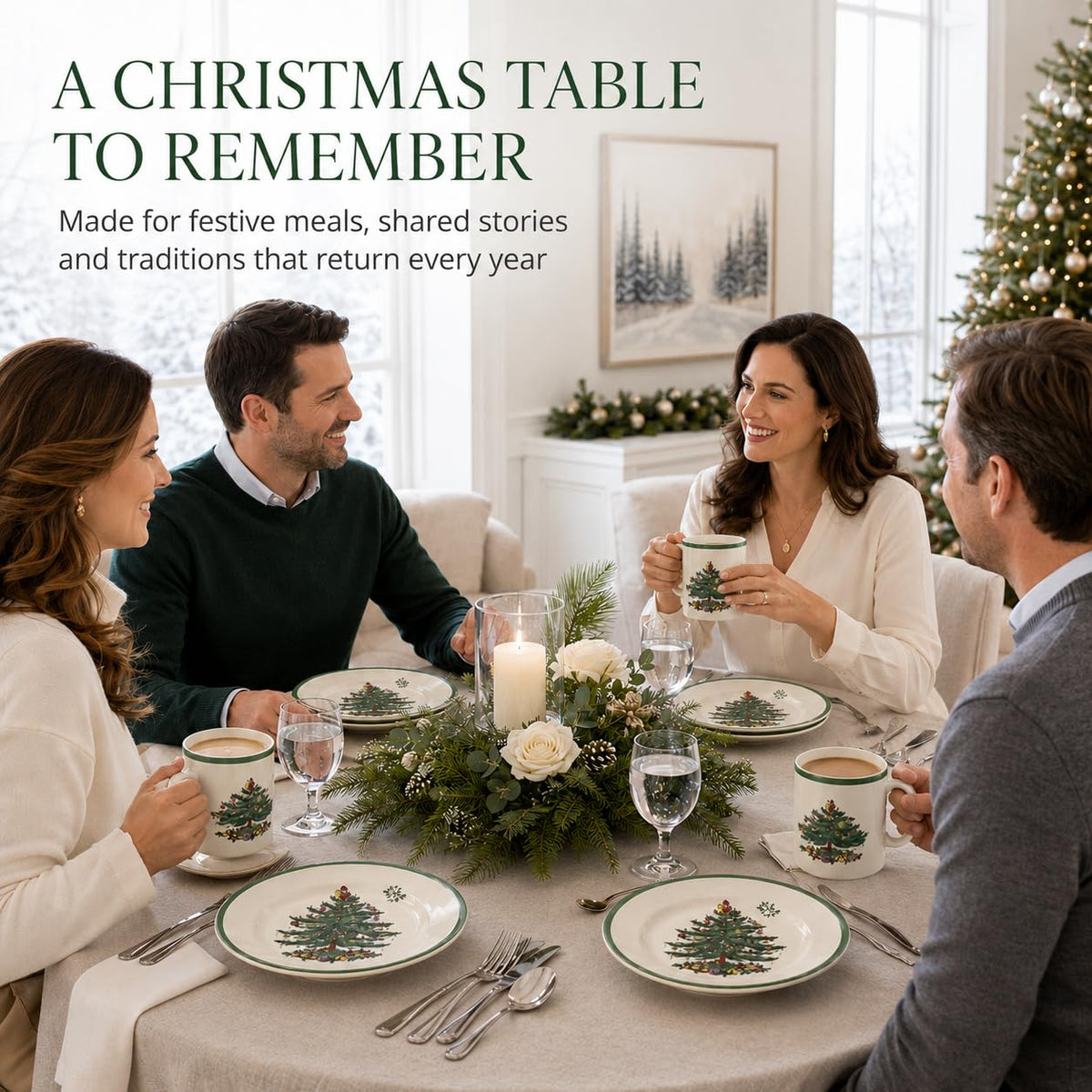 Spode Christmas Tree 12-Piece Dinnerware Set (Service for 4) - Festive Holiday Tableware Collection with Plates and Mugs - Fine Earthenware Christmas Dinnerware - Microwave & Dishwasher Safe