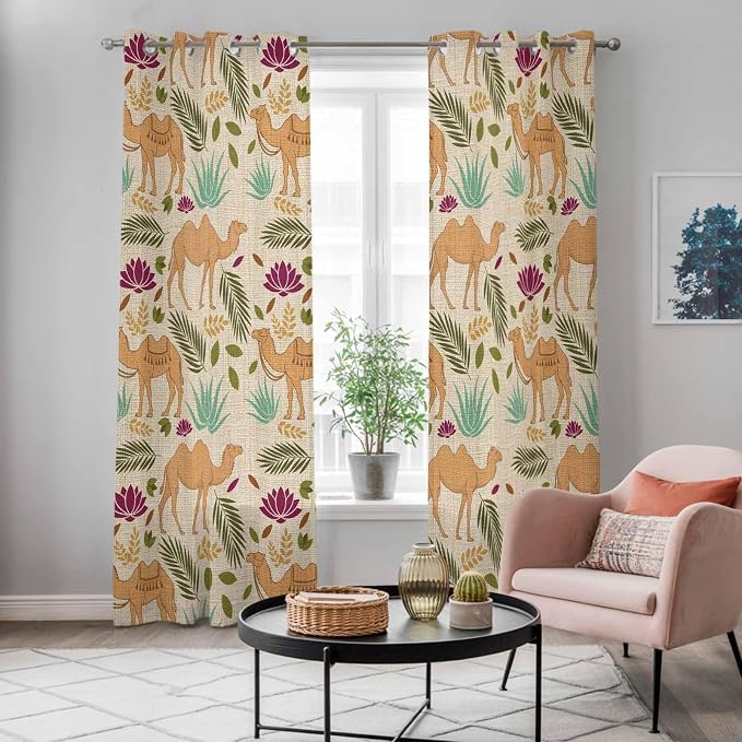 2 Panel Kitchen Cafe Curtains, Desert Camels Sunlight Filtering Nature Air