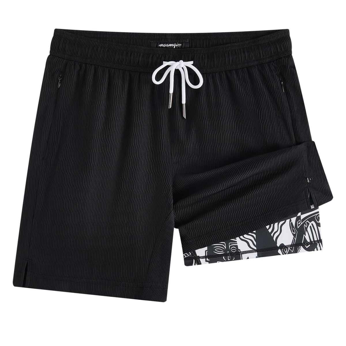 maamgic 7 Inch Wavy Texture Mens Swim Trunks - Mens Bathing Suit with Compression Liner Quick Dry Zipper Pockets Swimwear Black-White
