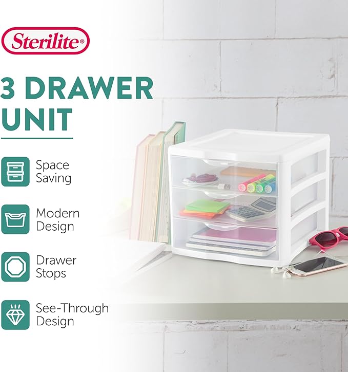 Sterilite ClearView Compact Stacking 3 Drawer Storage Organizer System, (8 Pack)