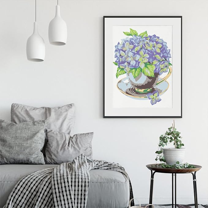 ARTEZA Paint by Number for Adults, 12x16 Inches, 21 Pieces, Hydrangea Flowers Paint by Numbers Kit, 1 Canvas Panel, 12 Acrylic Paint Pots, 5 Paintbrushes, Art Supplies for Home & Office Decor
