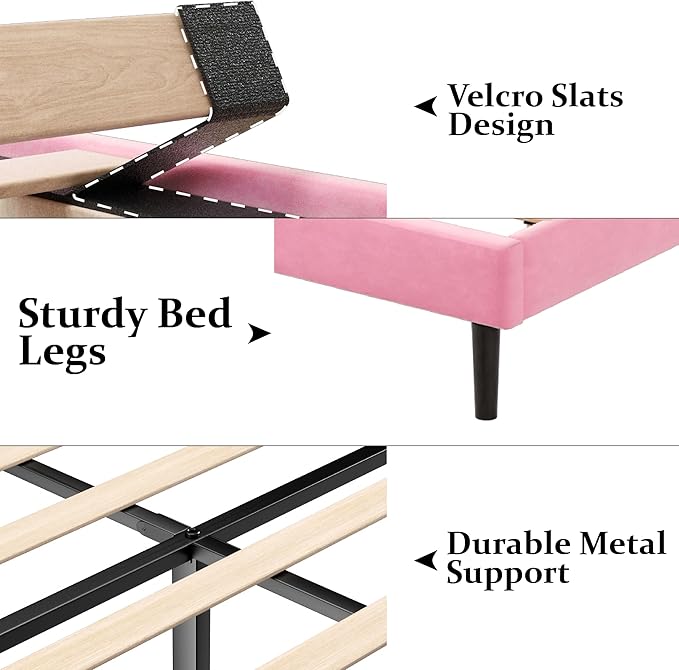 Full Size Bed Frame with Upholstered Wingback Headboard, Easy Assemnly Platform Bed, Wooden Slat Support No Box Spring Needed, Pink