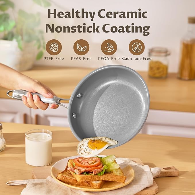 Ceramic Nonstick Frying Pan Set with Lids, Non Stick Skillets (8" 10" 11")