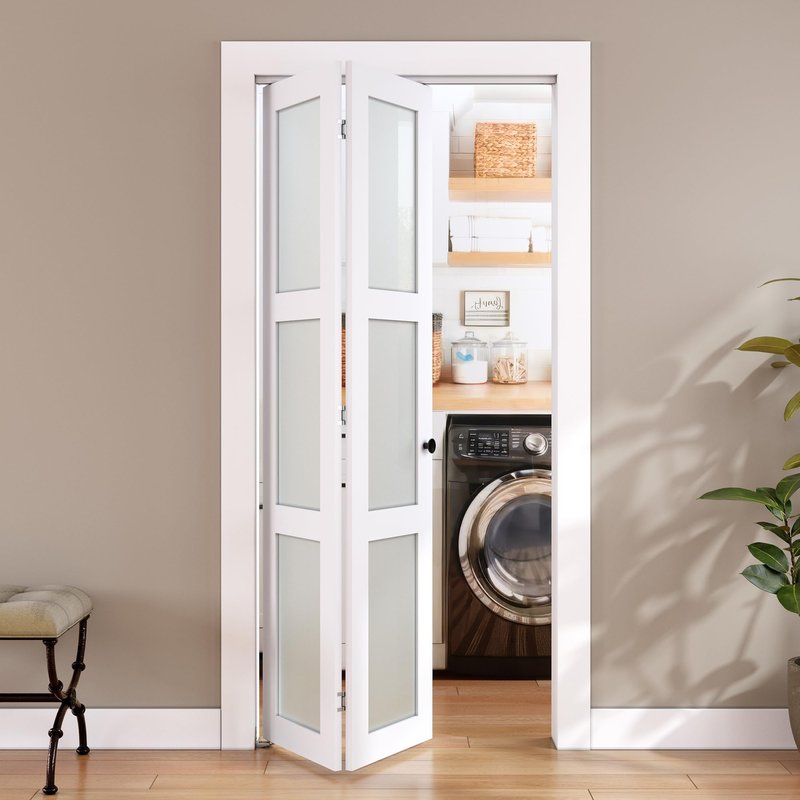SMARTSTANDARD Bifold Door, for 28"x 80" Opening,Tempered Frosted Glass Closet Folding Barn Door with Hardware Kit, Water-Proof PVC Surface,Easy Install,White