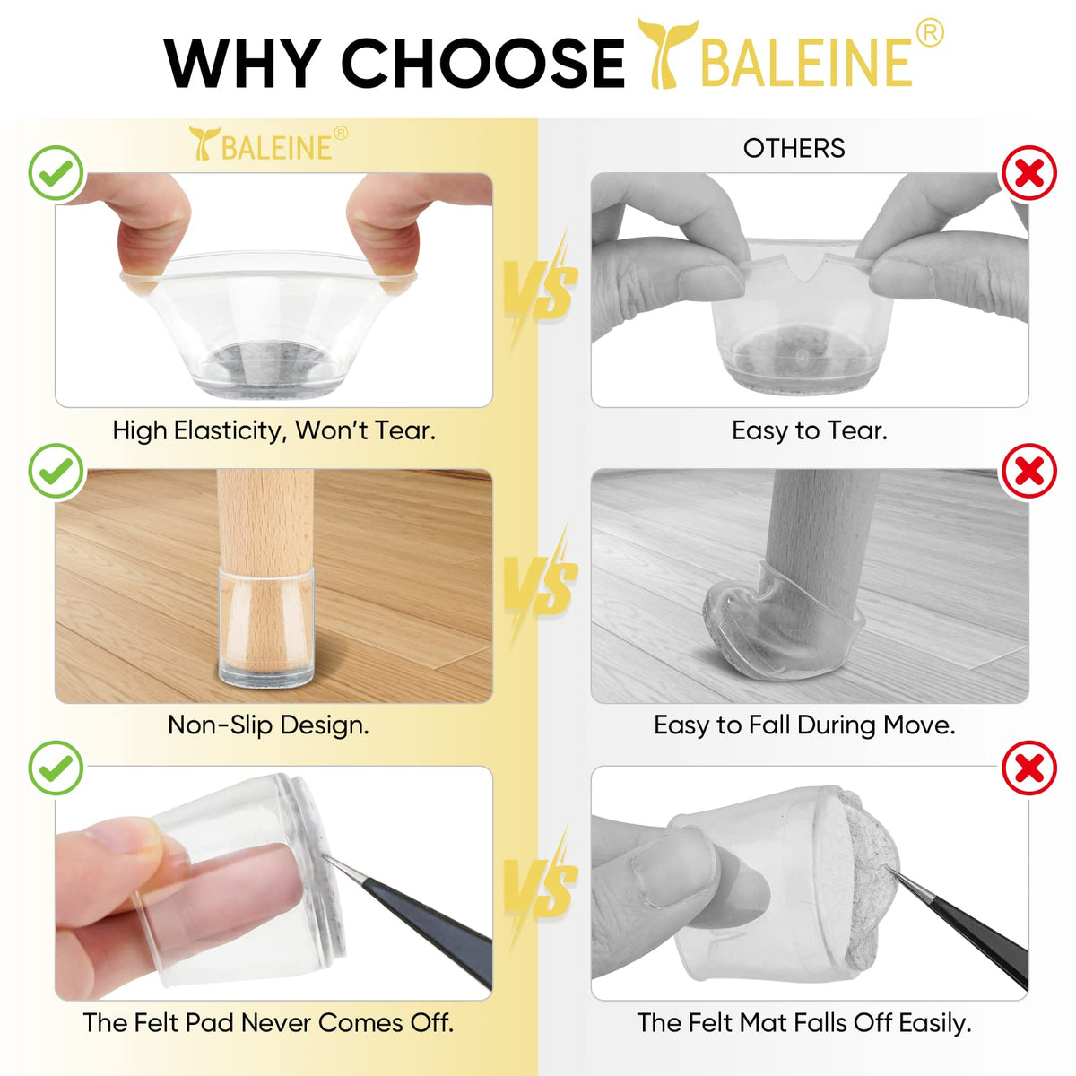 BALEINE Silicone Chair Leg Floor Protectors, Stool Leg Protectors Cap, Chair Leg Caps for Hardwood Floors (Clear-16pcs, Round S)