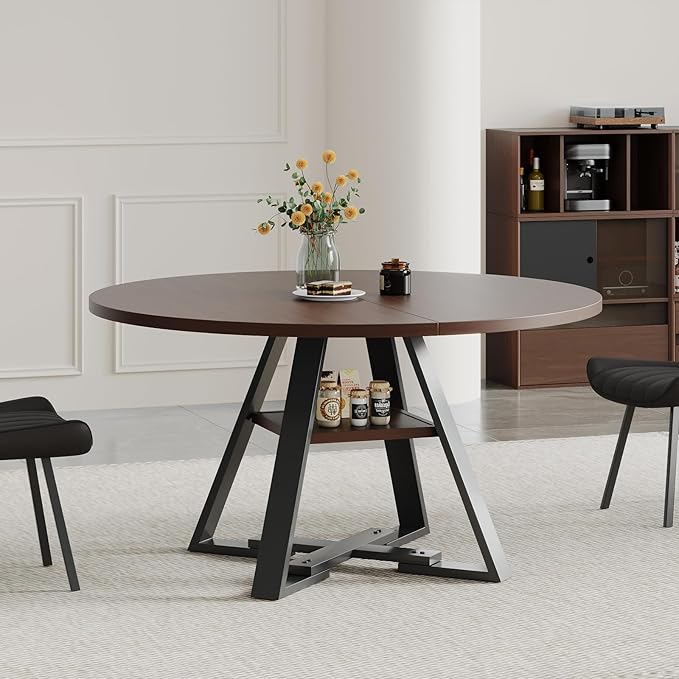 45.3" Walnut Round Dining Table Set with 4 Chairs – Mid-Century Modern Small-Space Kitchen & Dining Room Furniture for Apartment or Breakfast Nook (Walnut – Storage Table + 4 Black Chairs)