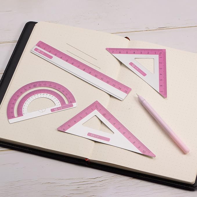 HARFINGTON 4pcs Geometry Set 15cm Metric Measure Ink Printing Aluminum Ruler Metal Ruler Set Triangle Protractor Ruler Tool Set for Classroom, Office, Home, Rose Red