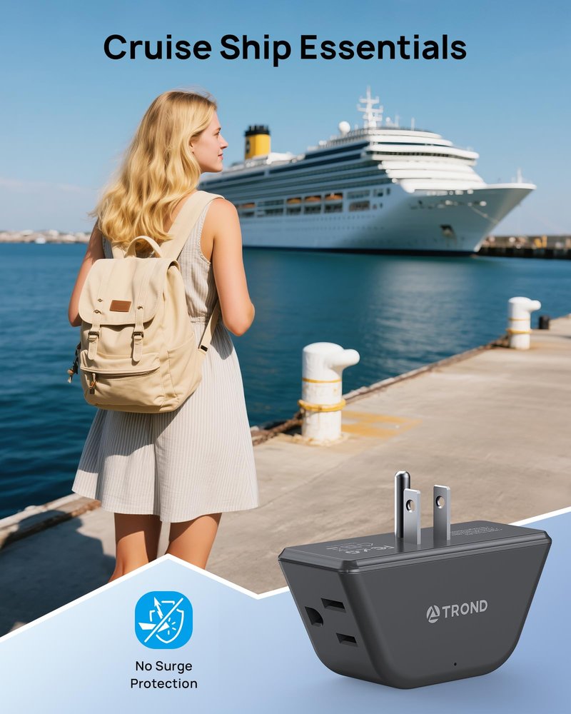 TROND Outlet Extender - 3 Prong Grounded Plug Extension Outlet, 3 Way Angled Wall Plug Splitter, Cruise Ship Essentials, Multiple Expander with 3 Electrical Sockets for Bathroom, Kitchen, Black