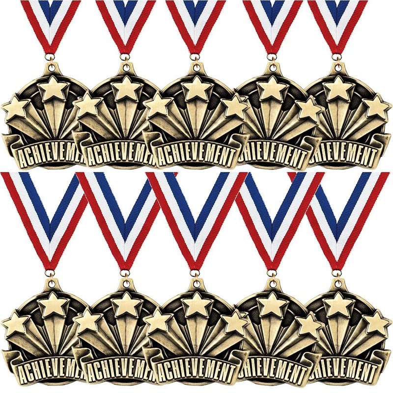 Crown Awards Achievement Medals - 10 Pack - 2" Gold Achievement Medals with Red, White, Blue Neck Ribbon Prime