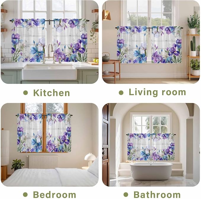 Spring Flowers Tier Curtains, Watercolor Garden Florals Wooden Grain Light