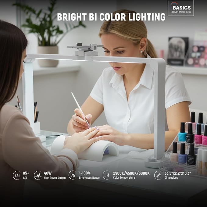 NEEWER Basics 33.5" Nail Light for Desk, 40W Foldable LED Manicure Nail Tech Table Lamp with Phone Holder/3 Color Modes/CRI85+ for Esthetician Makeup Beauty Salon Tattoo Overhead Recording, HM05-D