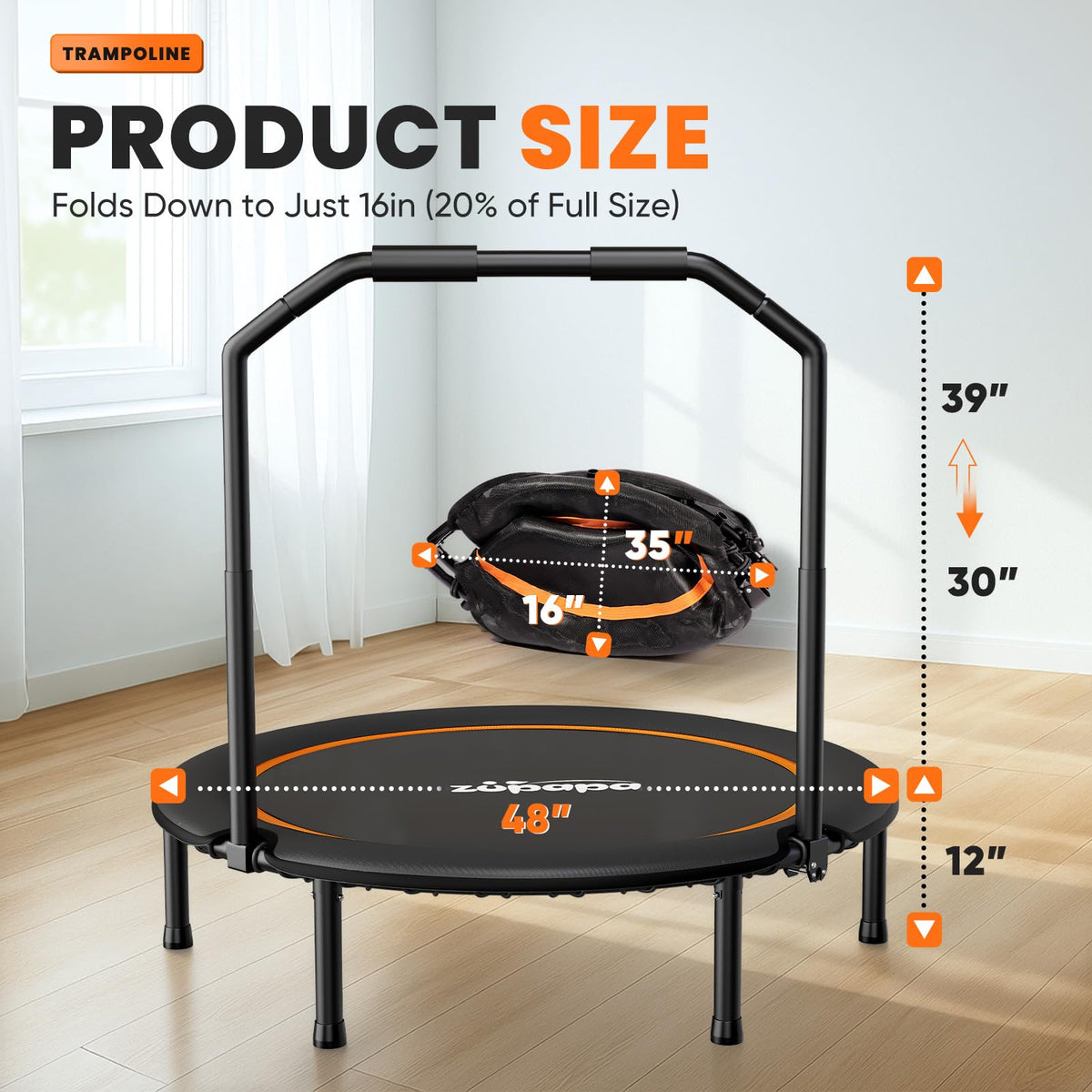 Zupapa 48in Foldable Rebounder, 550LBS Fitness Trampoline with Durable Bungees, Adjustable Handle, Stable & Quiet Exercise Rebounder for Adults, Great Exercise Trampoline for Home/Gym Workout