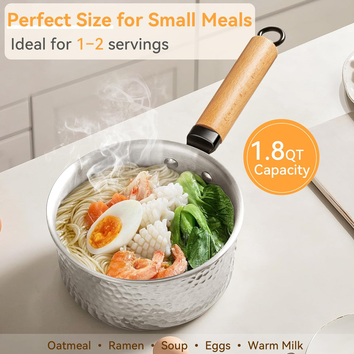 WANGYUANJI 1.8 Quart Stainless Steel Saucepan with Lid, Tri-Ply Steel Small Sauce Pan, Coating-Free Interior, Hammered Finish, Induction Compatible Soup Pot with Tempered Glass Lid & Wood Handle