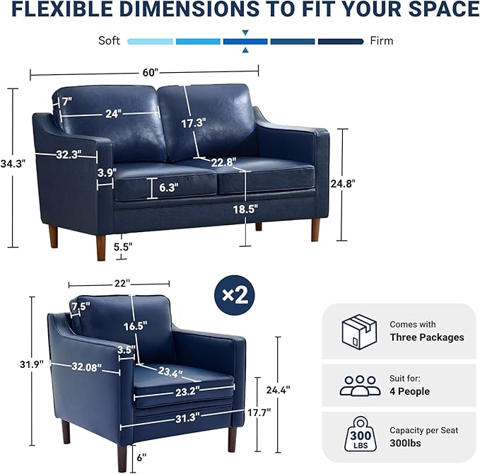 Kingfun Living Room Furniture Sets, 2 Armchair and Loveseat, Mid Century Modern Sofa Set, Faux Leather Couch with Solid Wood Frame for Living Room & Bedroom, Royal Blue