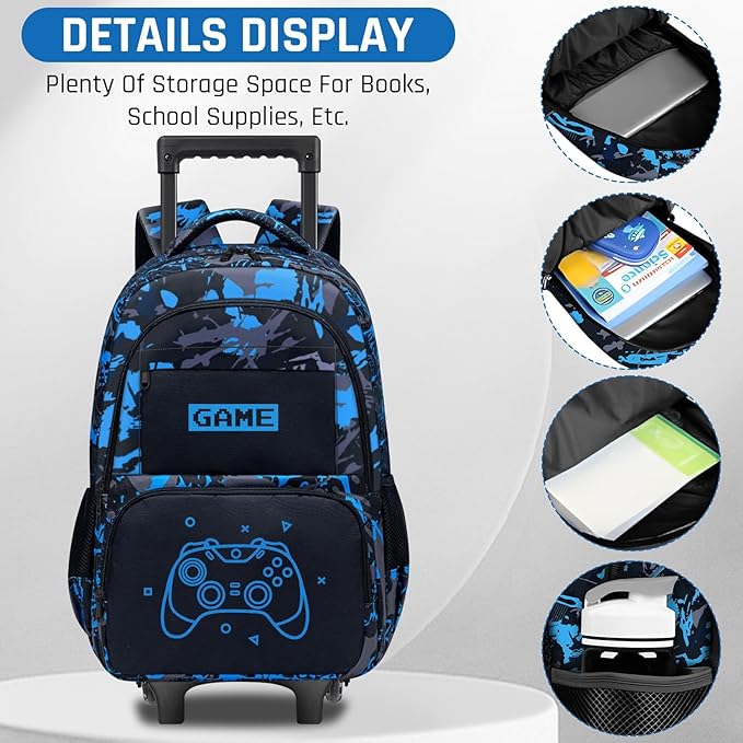 Boys Rolling Backpack for Kids - Glow in The Dark Kids Rolling Backpack with Wheels for Elementary Middle School - Gamer Roller School Bookbag Aged 6-18, Wheeled Travel Bag Large Capacity