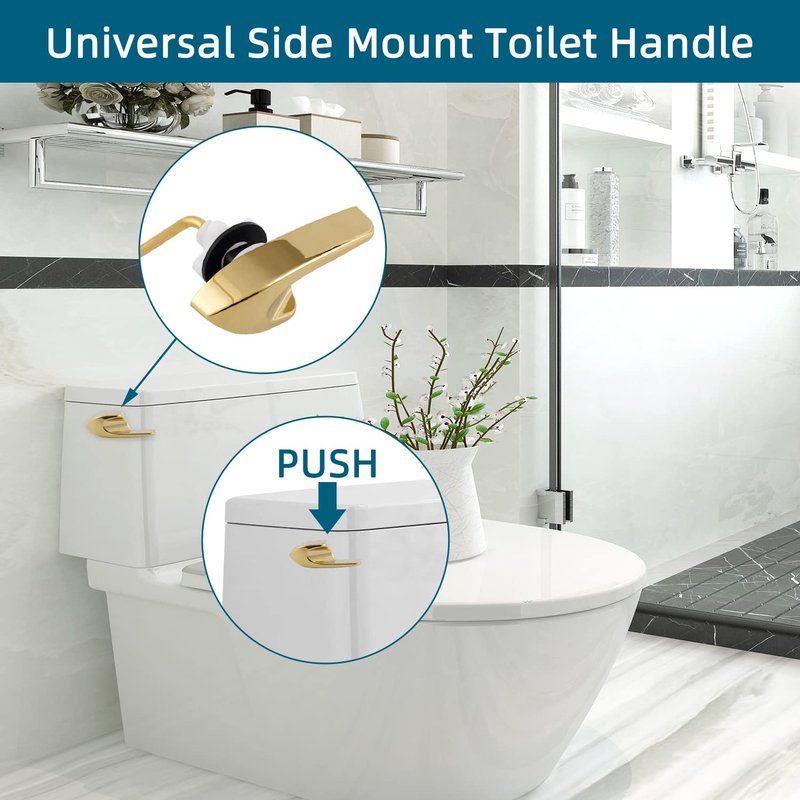 Universal Metal Side Mount Toilet Handle Replacement Kit Compatible with Kohler K-GP30324-CP/Glacier Bay Toilet with 1pc Flapper Chain, Toilet Flusher Lever, Shiny Gold