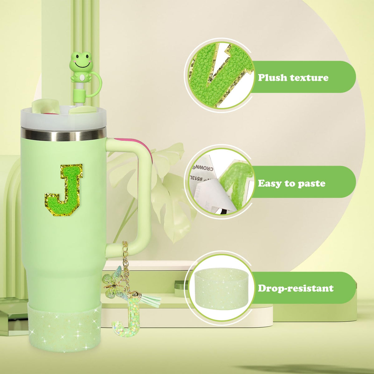 Liangang 8PCS Green Cup Accessories Set For Stanley 30oz 40oz,Including Boot,Spill Proof Stopper,2PCS Stanley Straw Cover and 2PCS Sticker Letter (Letter J)