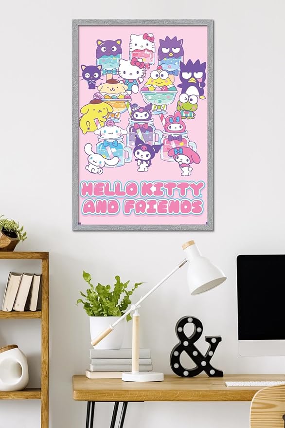 Trends International Hello Kitty and Friends: 24 Summer Fresh - Group Wall Poster, 34L x 22.4W, Gray Framed Version