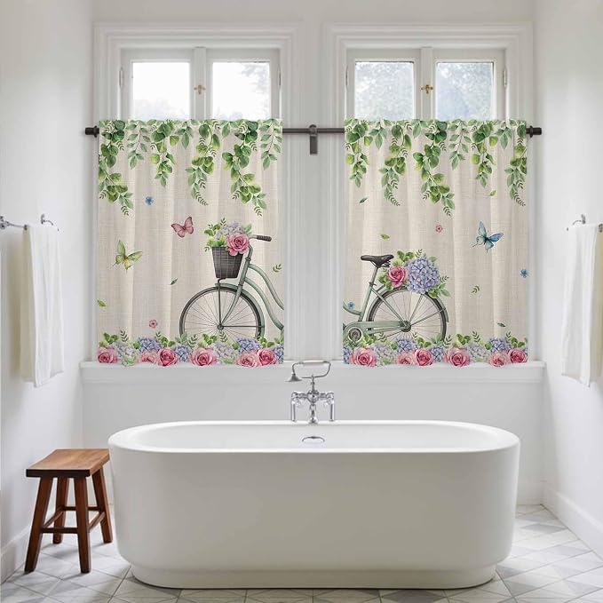 Farmhouse Spring Tier Curtains, Retro Bicycles Flowers Vines Butterfly Light