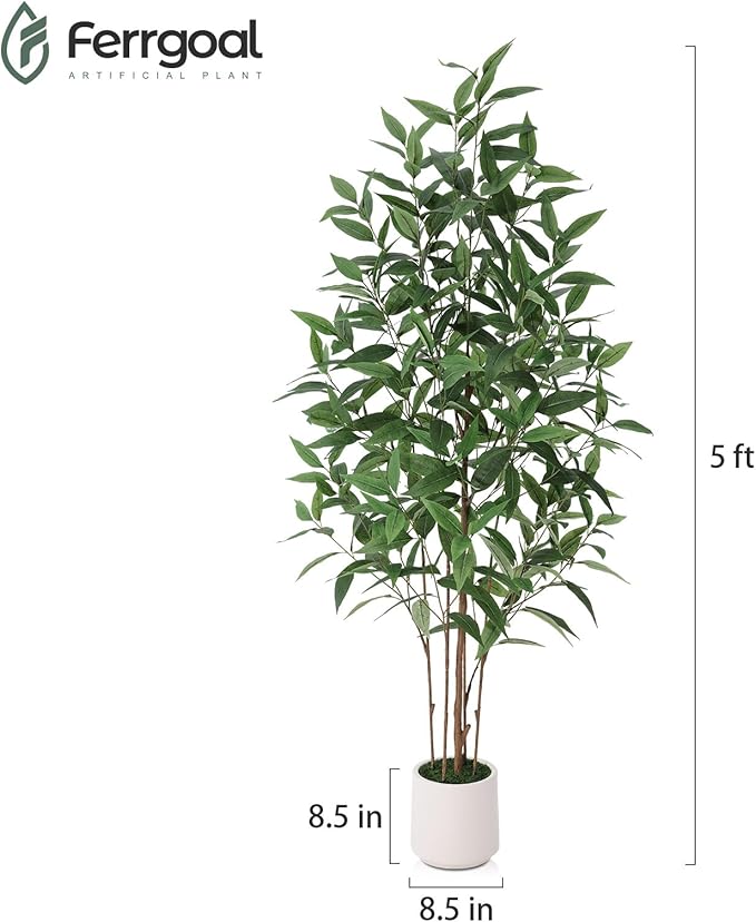 Artificial Eucalyptus Tree，5FT UV Resistant Fake Outdoor Plants,Artificial Plants Indoor with White Planter,Silk Leaves,Faux Tree for Home Decor Floor Porch Liveing Room