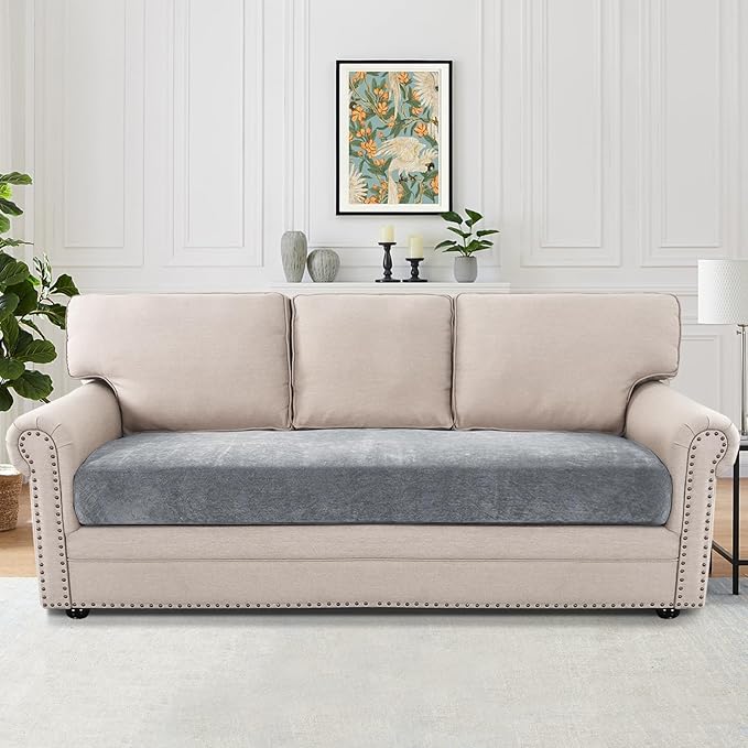 H.VERSAILTEX Stretch Chenille Sofa Cushion Covers Soft Sofa Slipcovers for 3 Seat Cushion Couch Thick Durable Couch Sofa Covers for Pets with Elastic Bottom(3 Seater Sofa Cushion Cover,Grey)