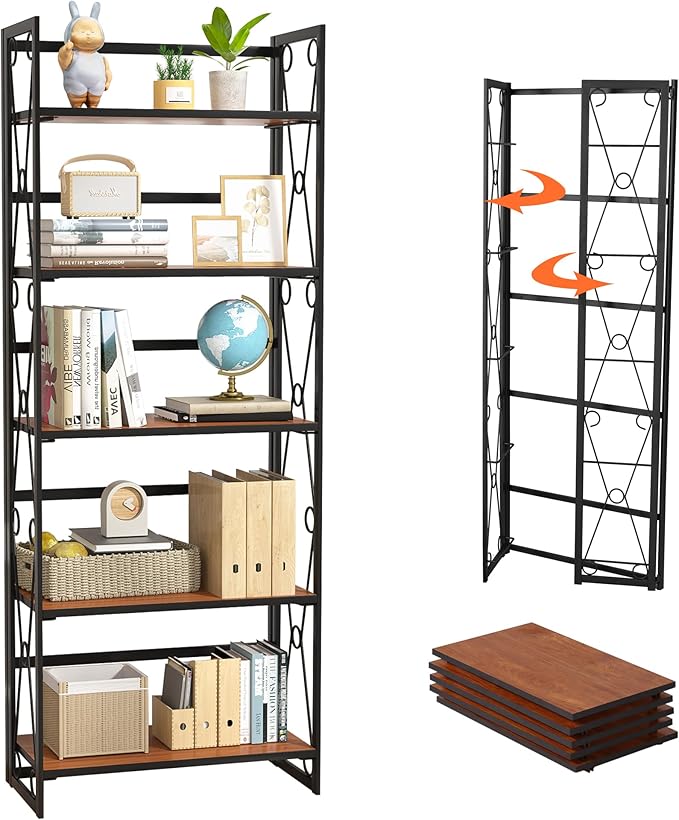 VECELO Folding Bookshelf, 5 Shelf Bookcase No Assembly, Industrial Metal Frame Book Shelves Organizer for Living Room, Office,Brown, 1 Set