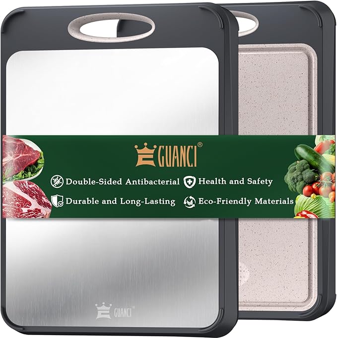 GUANCI Stainless Steel Cutting Board for Kitchen, Non Toxic 2-in-1 Double Sided Design, 304 Food Grade Stainless Steel & Wheat Straw PP, Durable Chopping Board for Meat & Vegetables, 14×9.6 Inch