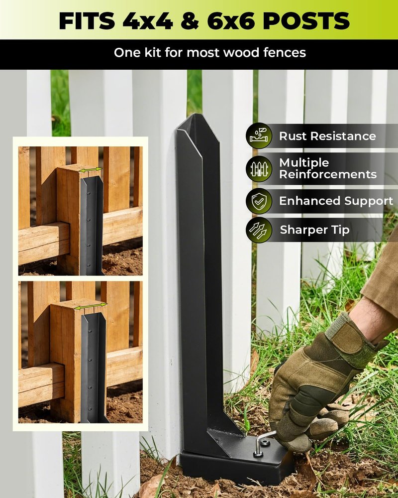 Saker Neo Fence Post Repair Kit – Heavy Duty Steel Fence Post Anchor for Leaning or Broken Posts, Fence Post stabilizer with Screws & Tool,32inch(2 pcs)
