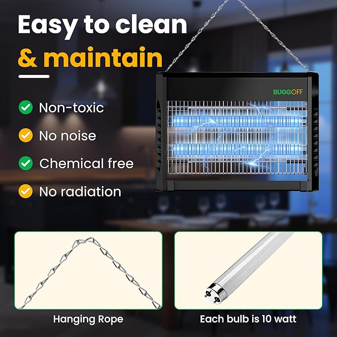 BUGGOFF Black Modern Indoor Electric Bug Zapper, 800 SQFT Coverage, 3500 Volts of Stunning Power, 20 Watts, Kills Mosquitos Gnats, Flys & More. 5 Year Warranty, X2 Free Replacment Bulb (4 Pack)