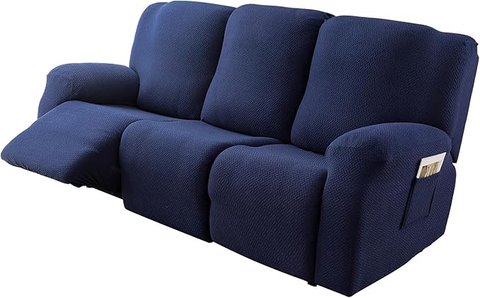 Genina Recliner Sofa Covers - Stretch Reclining Couch Covers with Stripe Jacquard - 3 Seat Cushion Slipcovers with Soft Fabric - Furniture Protector for Pet Kid (Navy Blue)