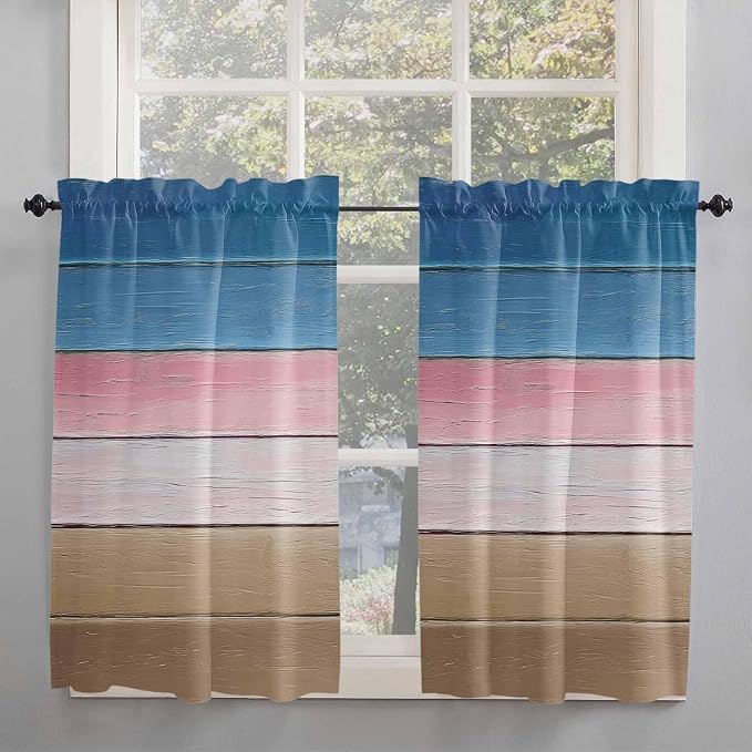 Blue Pink Brown Gradient Wood Grain Window Valance Curtains, Vintage Wood Board