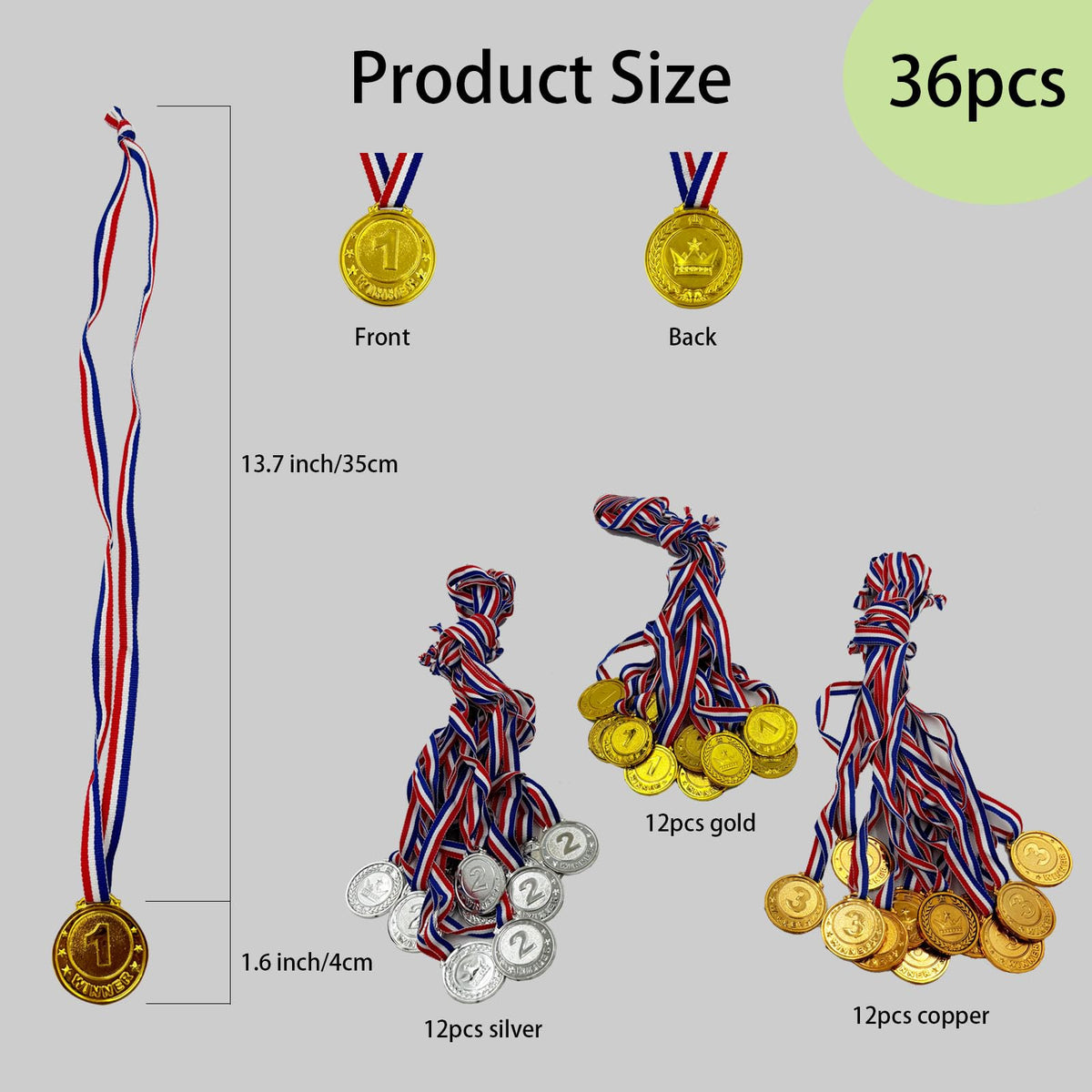 Flyekist 36 Pieces Plastic Winner Award Medals for Kids, Childrens Plastic Gold Silver Bronze Medals for Sports, Games Competitions, Party Favors and Decorations