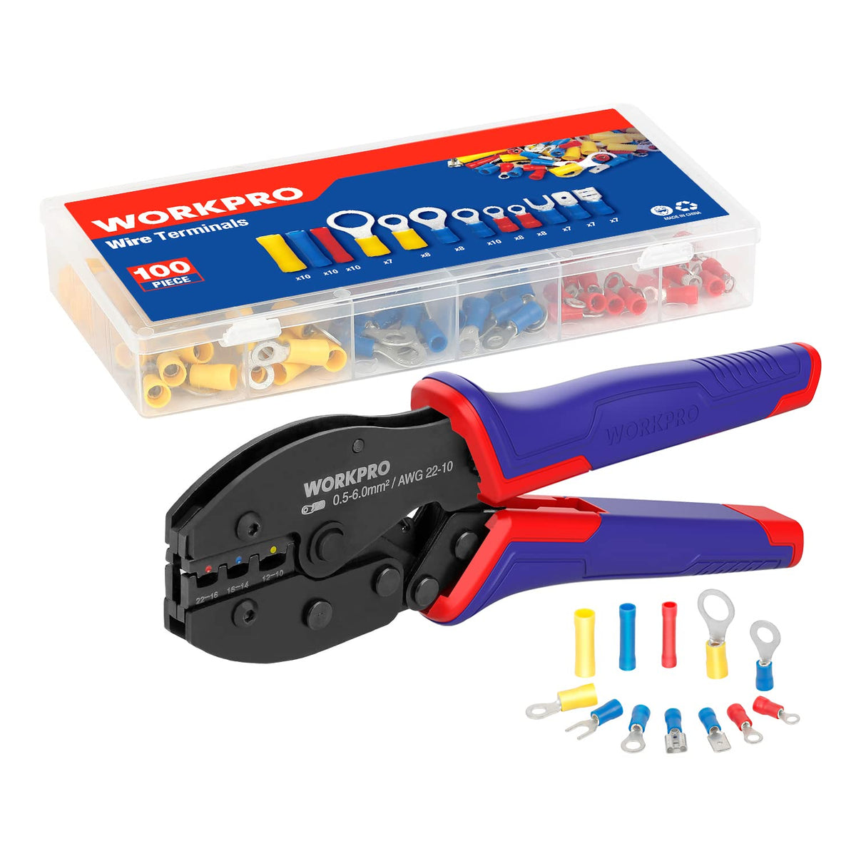 WORKPRO Wire Crimping Tool Kit, Ratcheting Insulated Terminal Crimper for 22 to 10 AWG Wire, Crimping Pliers with 100 Pieces Terminal Connectors