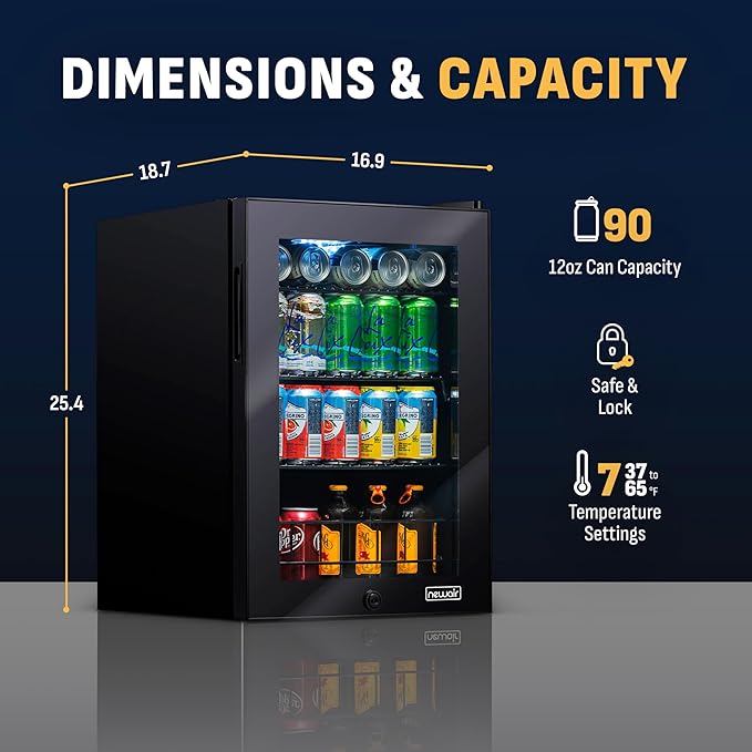 NewAir 90 Can Beverage Refrigerator | Freestanding Small Mini Fridge for Bedroom, Home Bar or Office | Adjustable Shelves, Quiet Cooling & Locking Door | Black