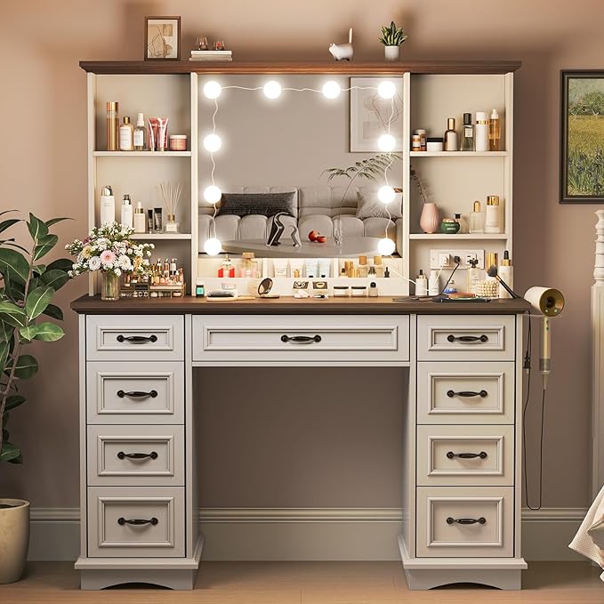 Maupvit Vanity Desk with Mirror and Lights，Large Makeup Table with Storage，White Vanity with Drawers and Shelves，Bedroom Dressing Table