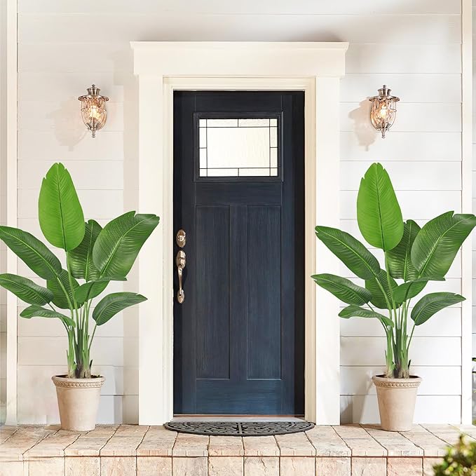 Birds of Paradise Plant Artificial, 4FT Fake Plants Faux Banana Leaf Tree with 9 Banana Leaves, Lifelike Tall Fake Tropical Palm Indoor Silk Floor Plant in Black Pot for House,Office,Room,Home Decor