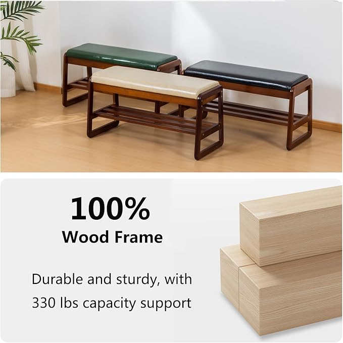 SOBIBO Solid Wood Shoe Bench, 2-Tier Entryway Bench with Cushion and Flip-Open Storage Box, Mid-Century Modern Shoe Bench Rack for Hallway, Mudroom(Green, 31.5'')