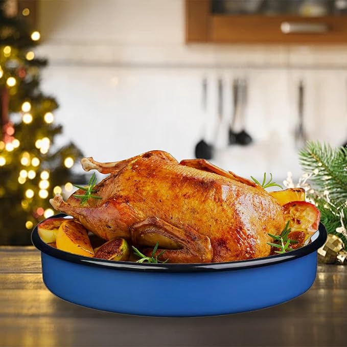 3-Pack Enamel Roasting & Baking Pan Set 10/12/14 Inch Round Cake Pans, High Temperature Resistant Baking Dishes for Turkey Pizza Casseroles Oven Bakeware PFOA & PTFE Free Ideal Gift for Mom - CookWare